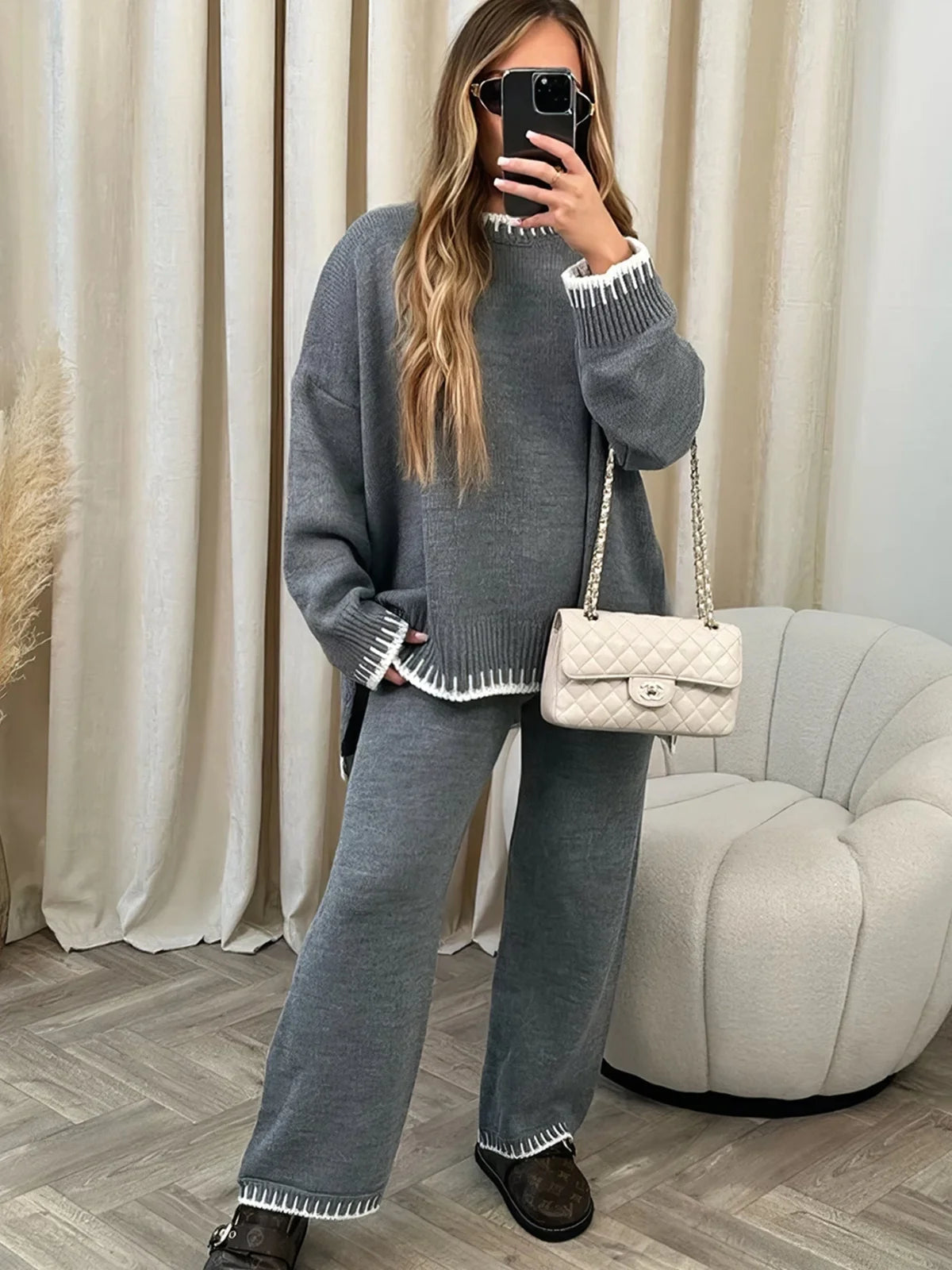 Two-tone Stitch Detail Sweater and Pant Set