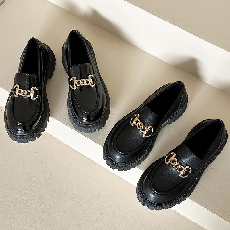 Black Patent Leather Platform Tassel British Middle Heels Flats Loafers