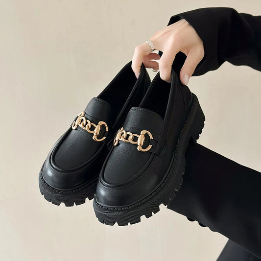 Black Patent Leather Platform Tassel British Middle Heels Flats Loafers