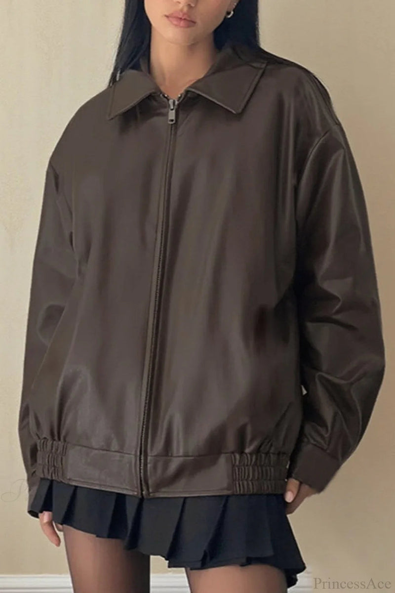 Long Sleeve Basic Loose Zipper Leather Coat