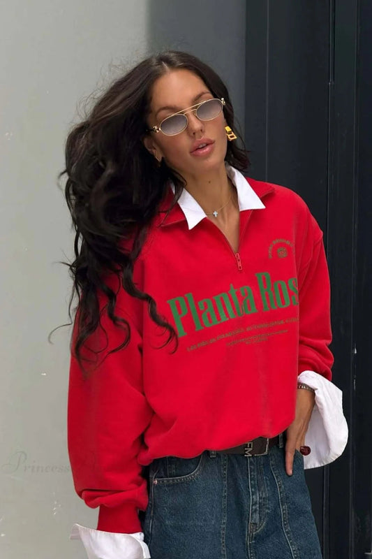 Loose Red Script Half-zip Ls Sweatshirt