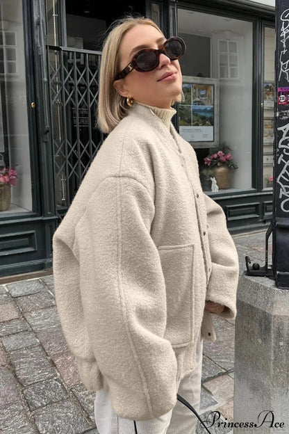 Loose Stand Collar Textured Wool Coat