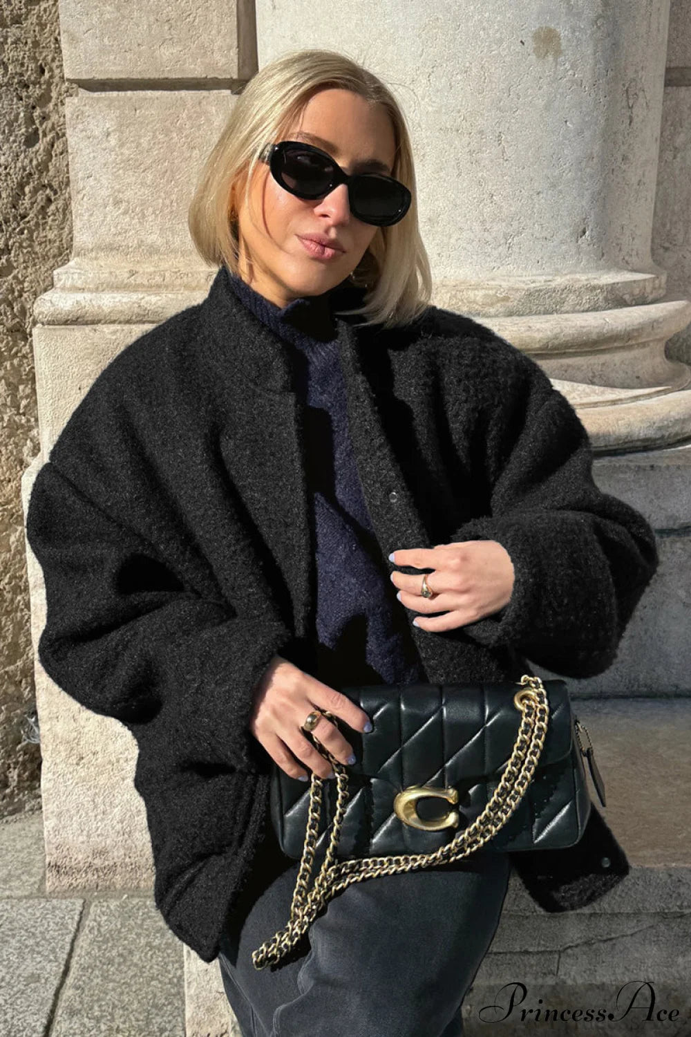 Loose Stand Collar Textured Wool Coat