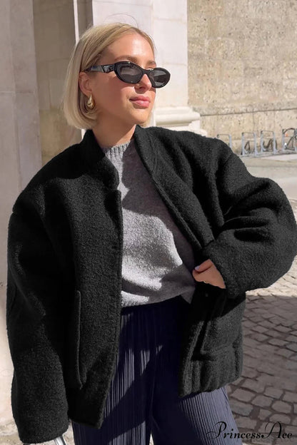 Loose Stand Collar Textured Wool Coat