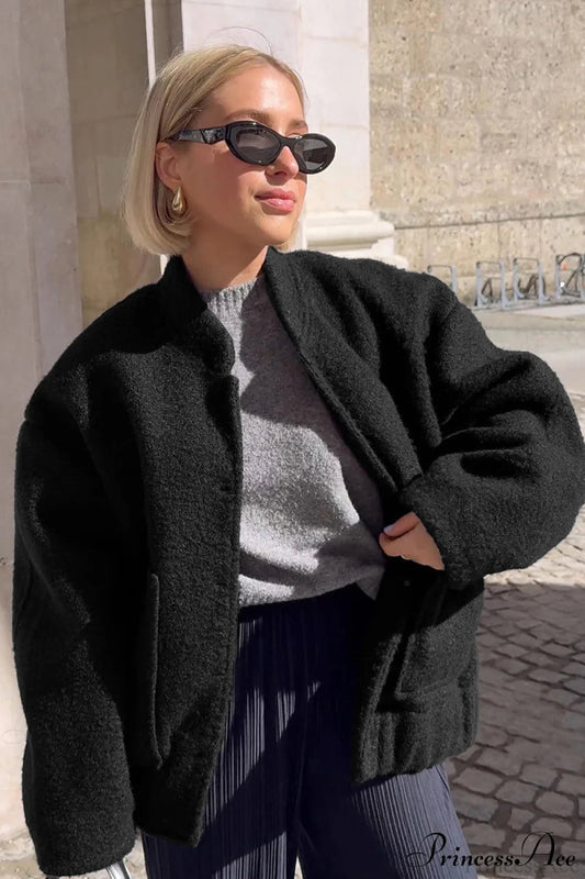Loose Stand Collar Textured Wool Coat