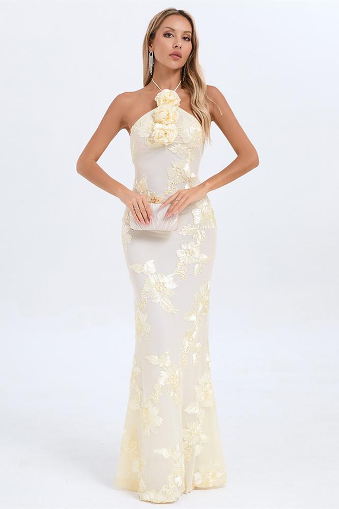 Lorraine Halter Emboidered Maxi Dress