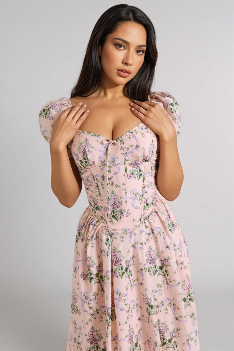 Darylt Pink Ribbon Print Cotton Midi Dress