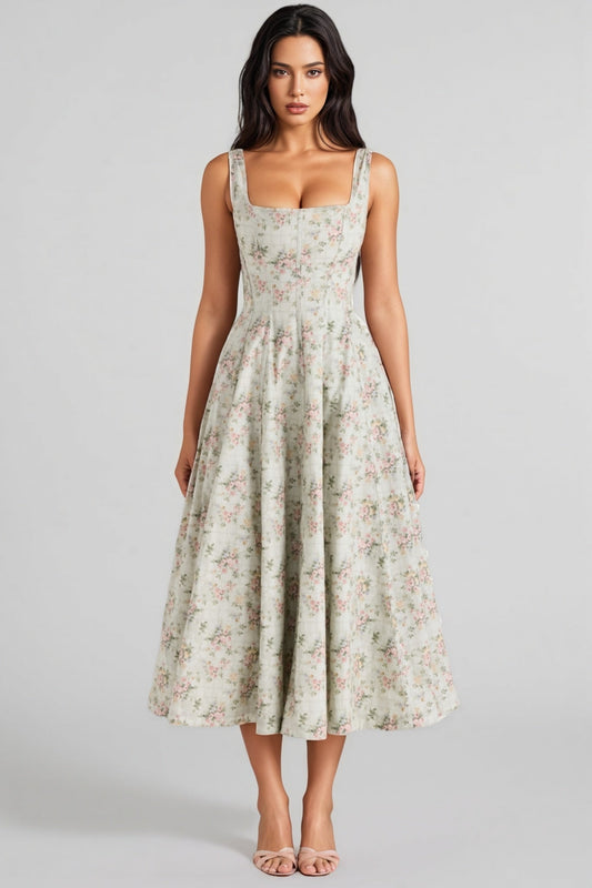 Yaralt Sage Print Cotton Midi Dress
