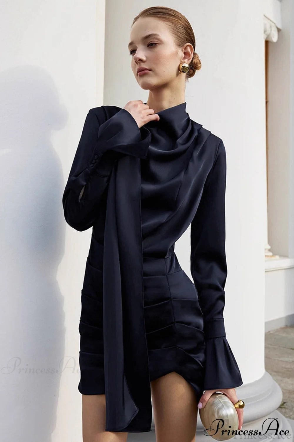 Matte Satin Ruffle Sleeve Stand Collar Mini Dress