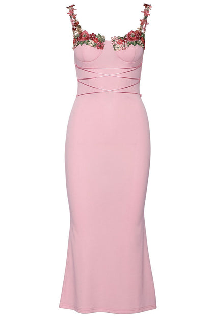 Brenda Embroidered Lace-up Midi Dress