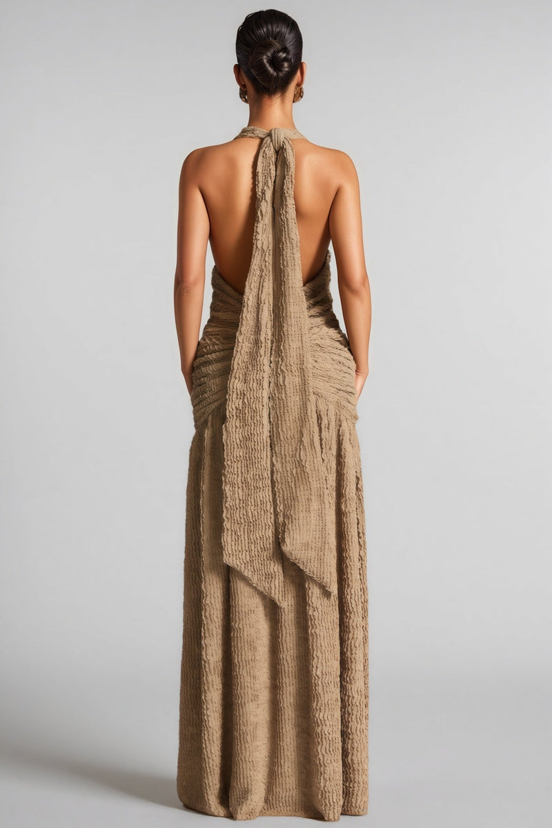 Secyij Khaki High-slit Backless Maxi Dress