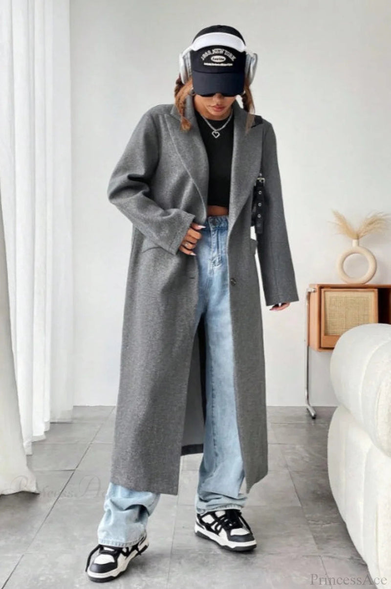 Minimalist Color Notched Collar Relaxed Wool Overcoat