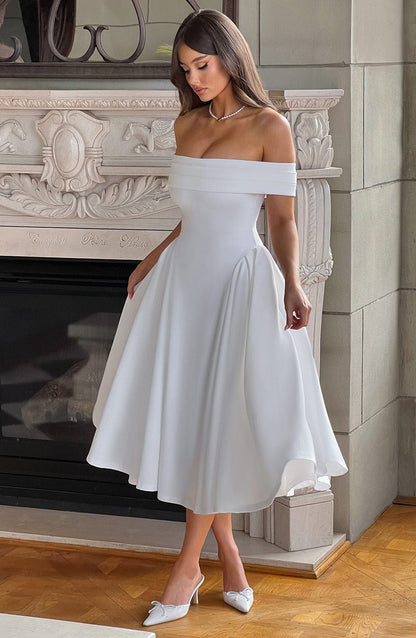 Mila - Off-shoulder Pleated Midi Dress