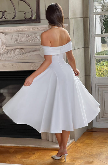 Mila - Off-shoulder Pleated Midi Dress