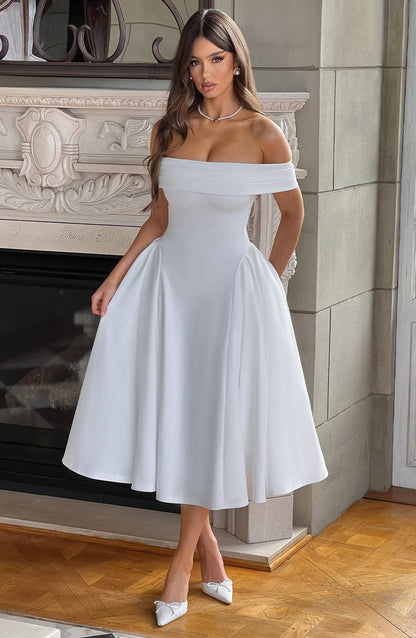 Mila - Off-shoulder Pleated Midi Dress