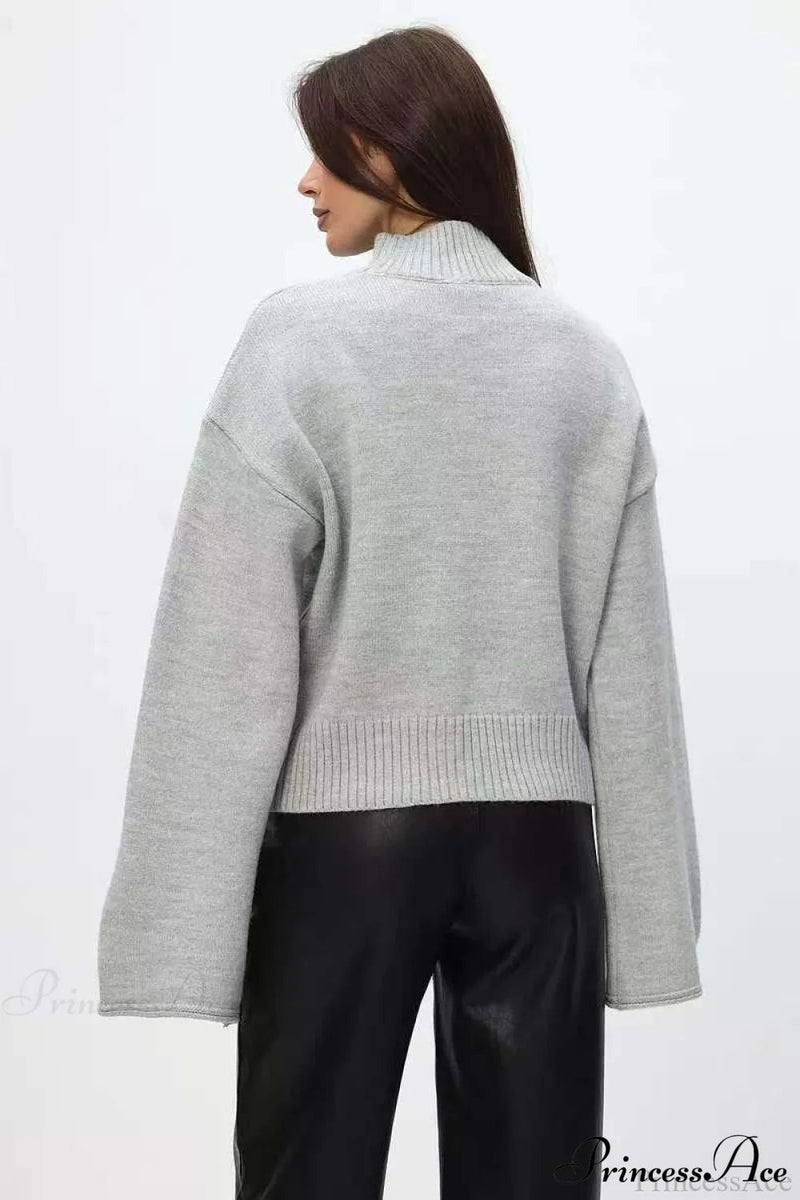 Mock Neck Bell-sleeve Loose Short Sweater