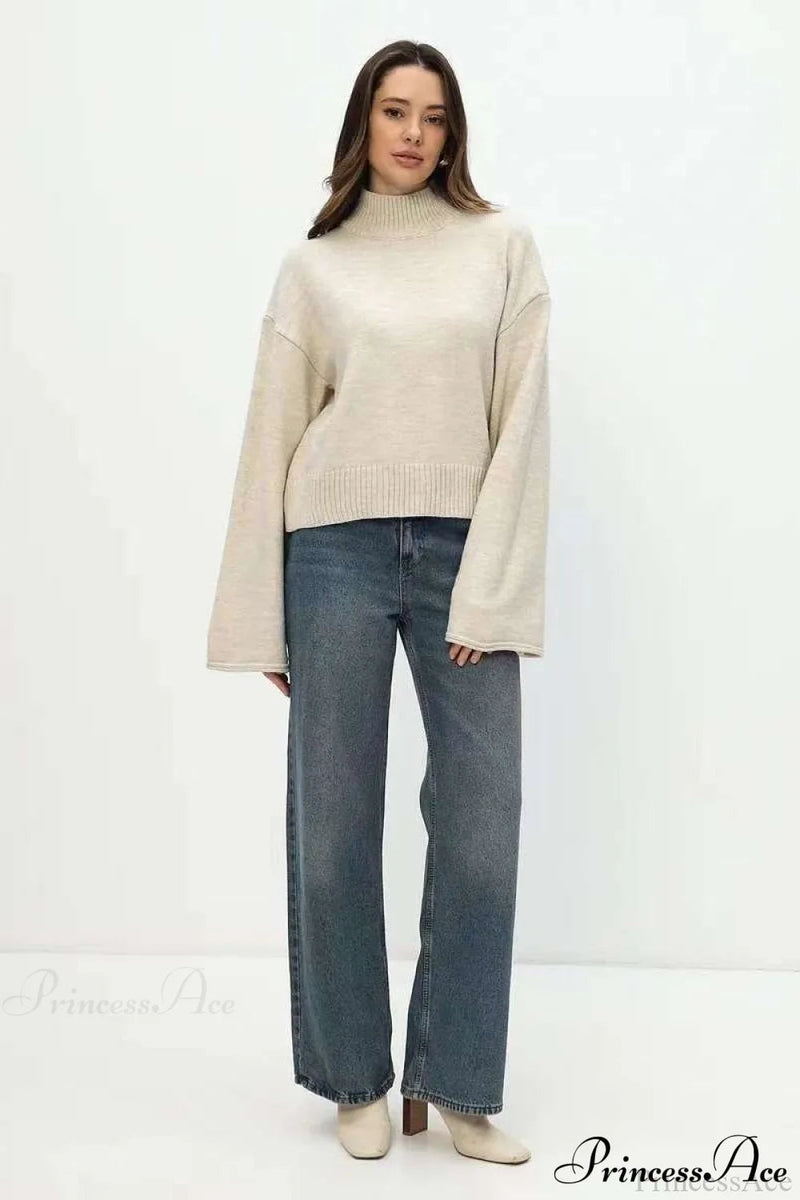 Mock Neck Bell-sleeve Loose Short Sweater