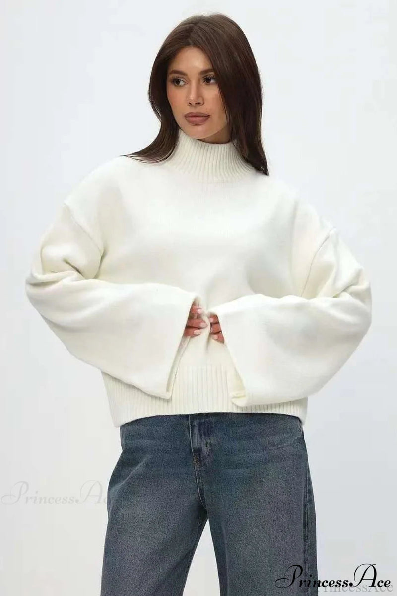 Mock Neck Bell-sleeve Loose Short Sweater