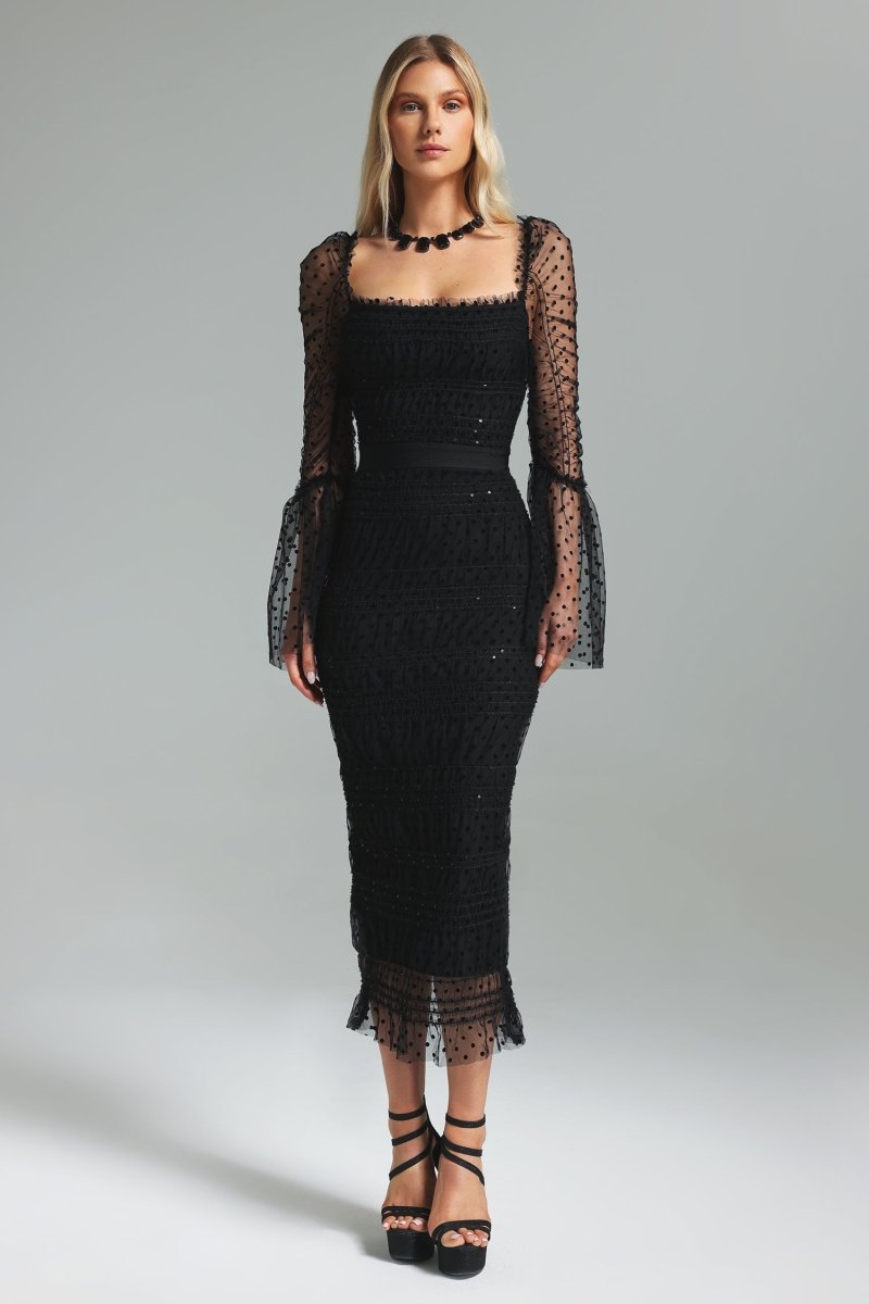 Monica Sequins Embellished Square Neck Mesh Midi Dress