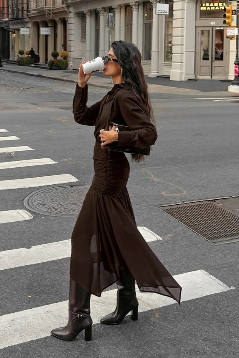 Moody Brown Chiffon Long Sleeve Asymmetrical Two Piece Set