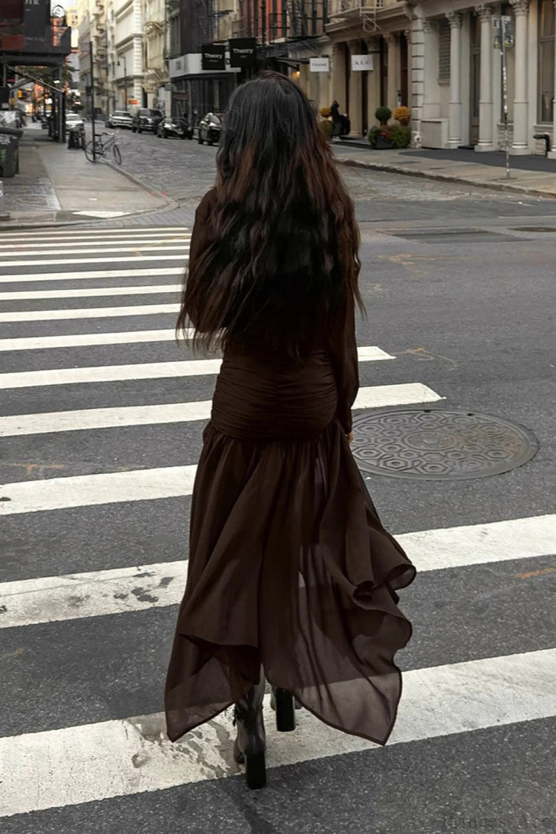Moody Brown Chiffon Long Sleeve Asymmetrical Two Piece Set