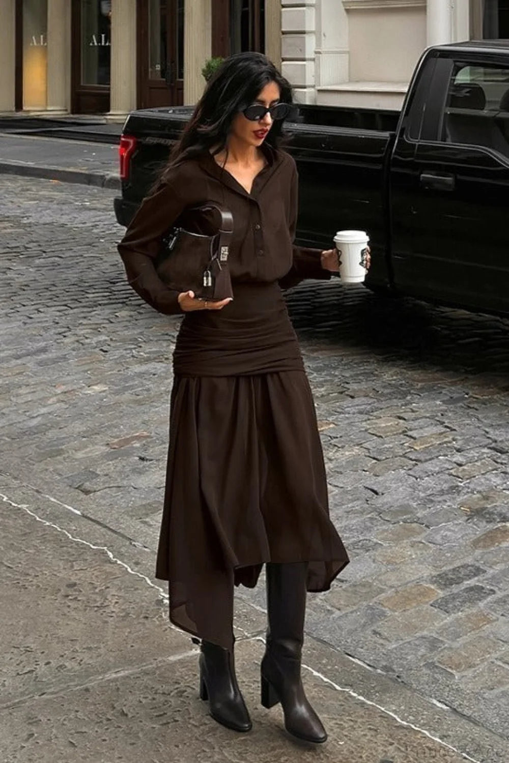 Moody Brown Chiffon Long Sleeve Asymmetrical Two Piece Set