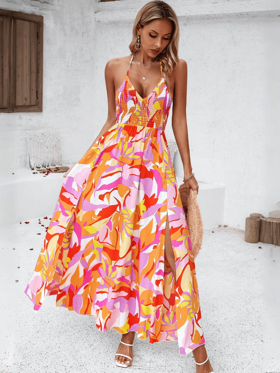 Hawaii Print Tie Back Halter Maxi Dress - Orange