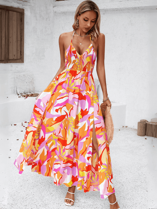 Hawaii Print Tie Back Halter Maxi Dress - Orange