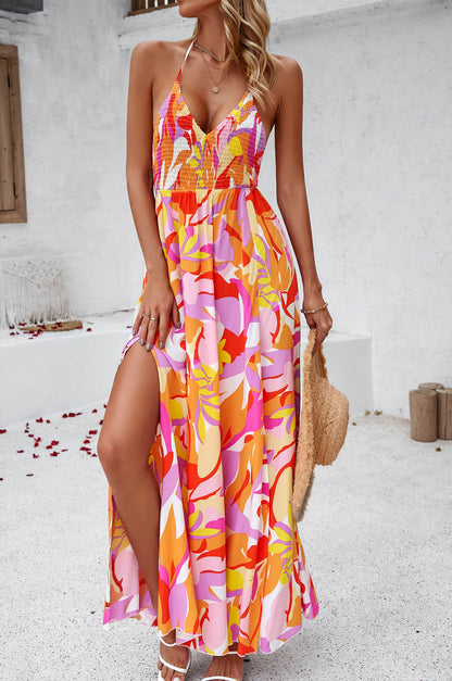 Hawaii Print Tie Back Halter Maxi Dress - Orange