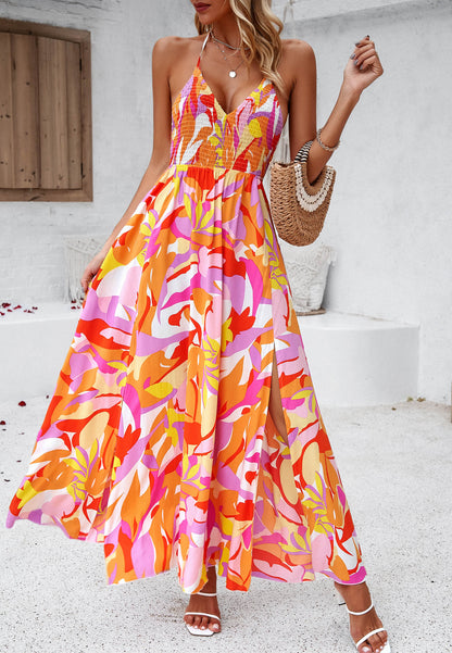 Hawaii Print Tie Back Halter Maxi Dress - Orange