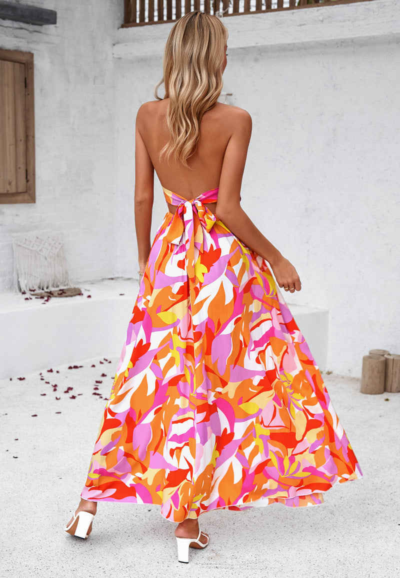 Hawaii Print Tie Back Halter Maxi Dress - Orange