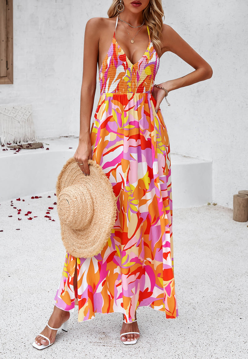 Hawaii Print Tie Back Halter Maxi Dress - Orange