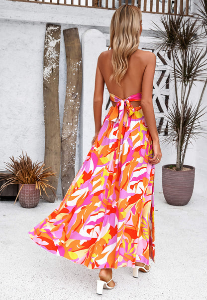 Hawaii Print Tie Back Halter Maxi Dress - Orange