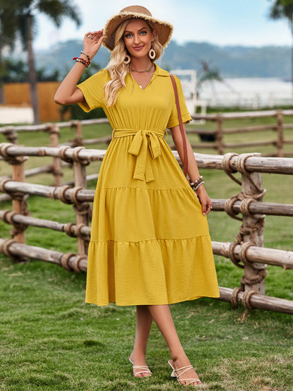 Celie Poplin Collared Tie Waist Midi Dress - Mustard