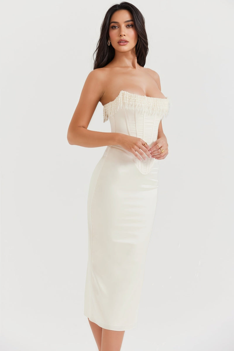 Nikki Cream Embellished Strapless Midi Dress