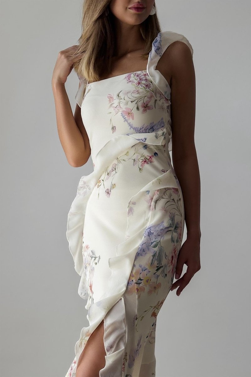 Naomi Ruffle Trimmed Cami Slit Midi Dress