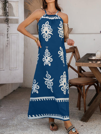 Indy Abstract Halter Neckline Maxi Dress - Navy