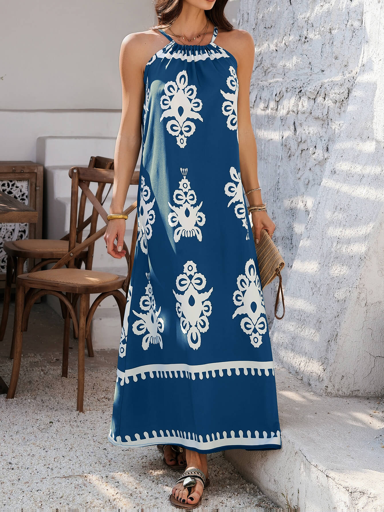 Indy Abstract Halter Neckline Maxi Dress - Navy