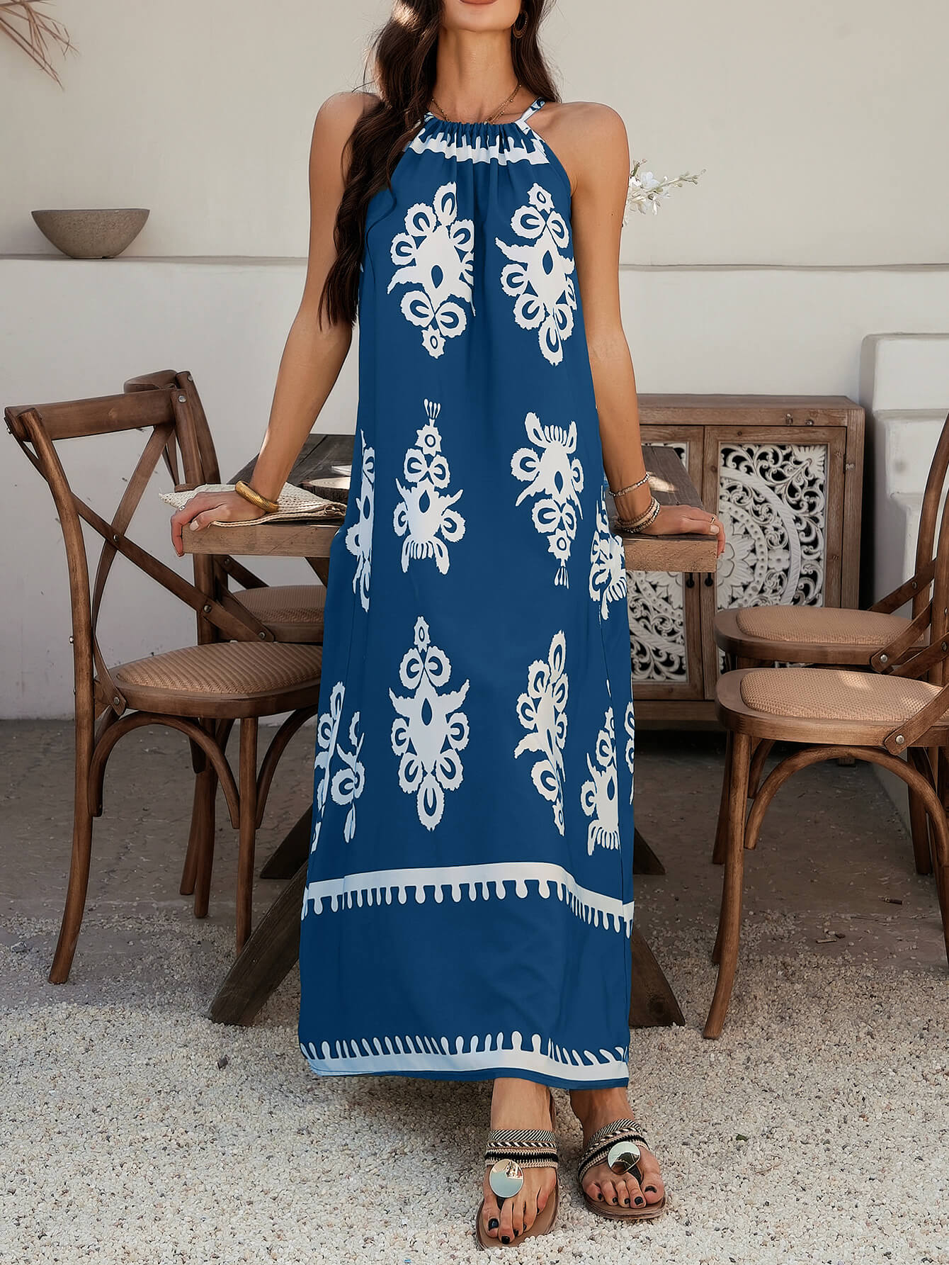 Indy Abstract Halter Neckline Maxi Dress - Navy
