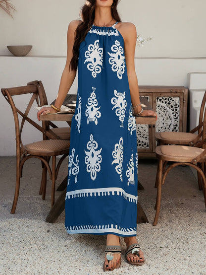 Indy Abstract Halter Neckline Maxi Dress - Navy
