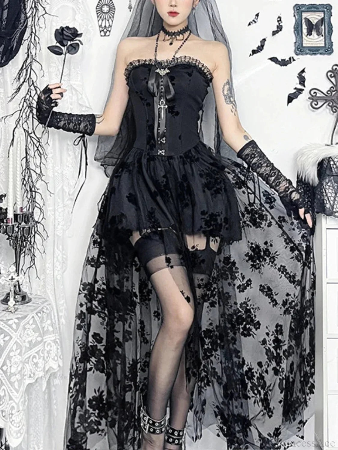Obscure Blooms Net Bodice Midi Dress