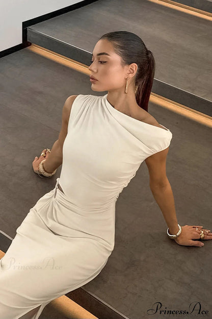 Off Shoulder Beige Ruched Bodycon Maxi Dress