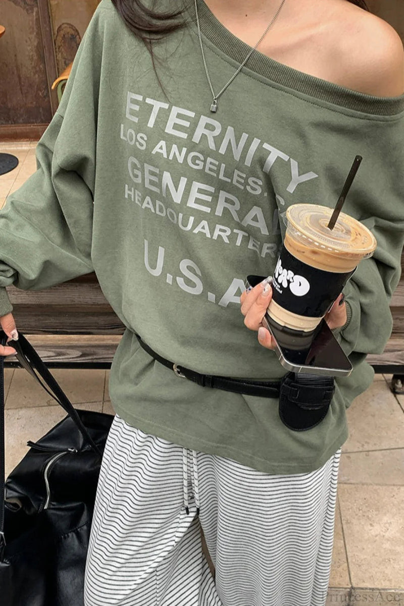 Off-shoulder Graphic Letter Relaxed Sweatshirt
