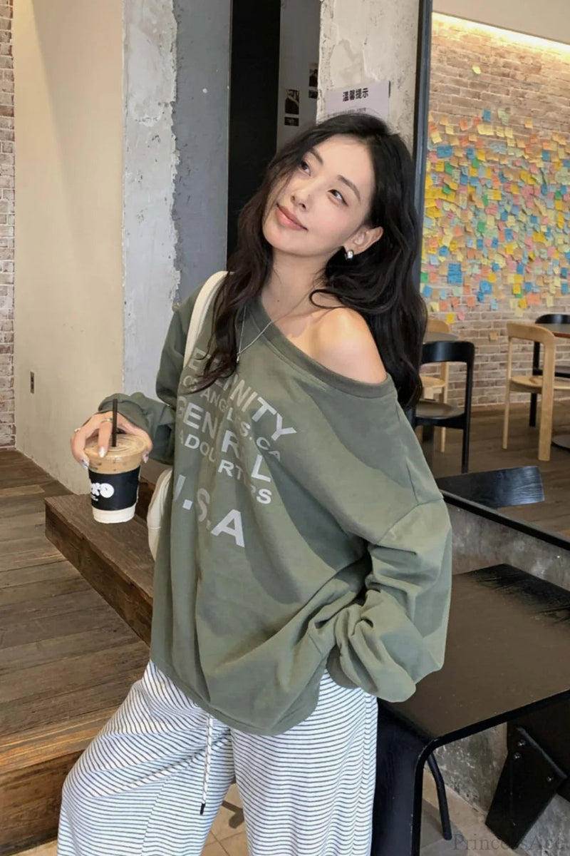 Off-shoulder Graphic Letter Relaxed Sweatshirt
