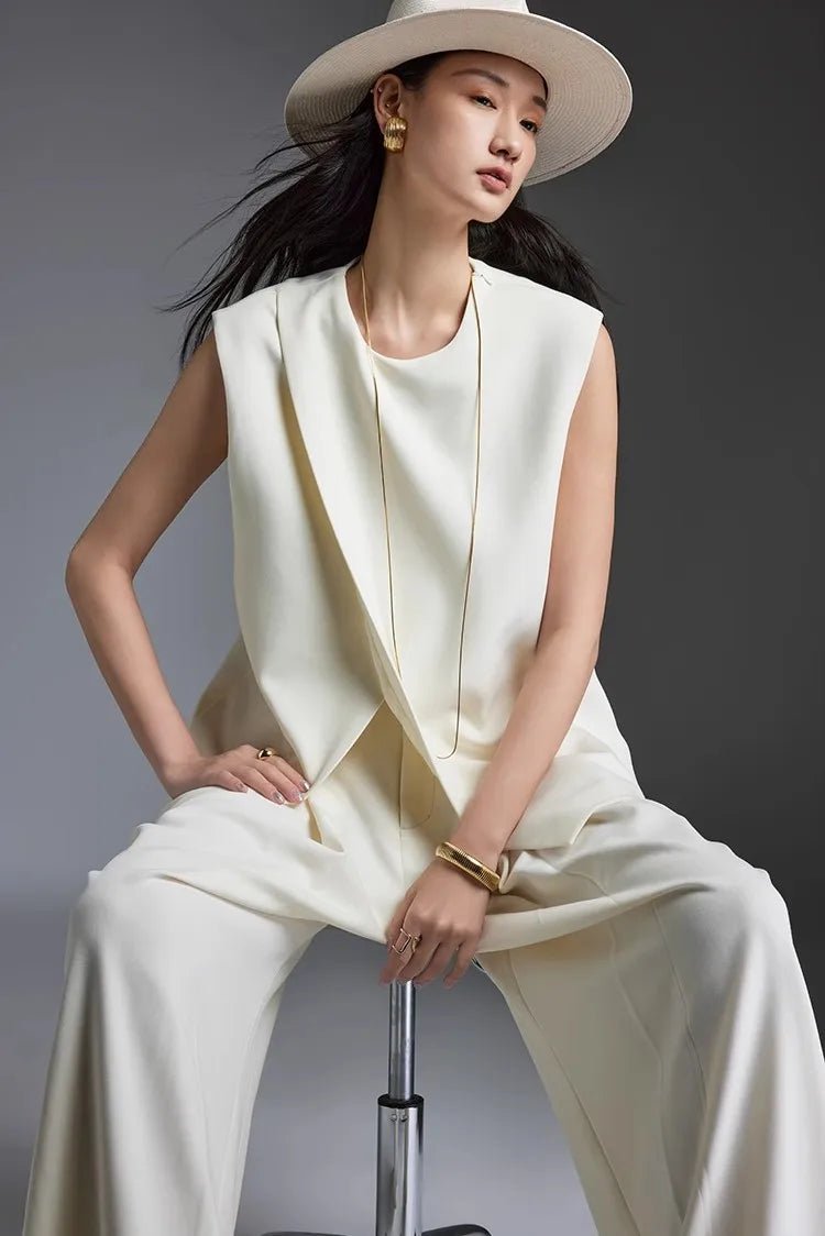 Off-white Suit Vest Wide Leg Pants Set for Summer | Two-piece Set