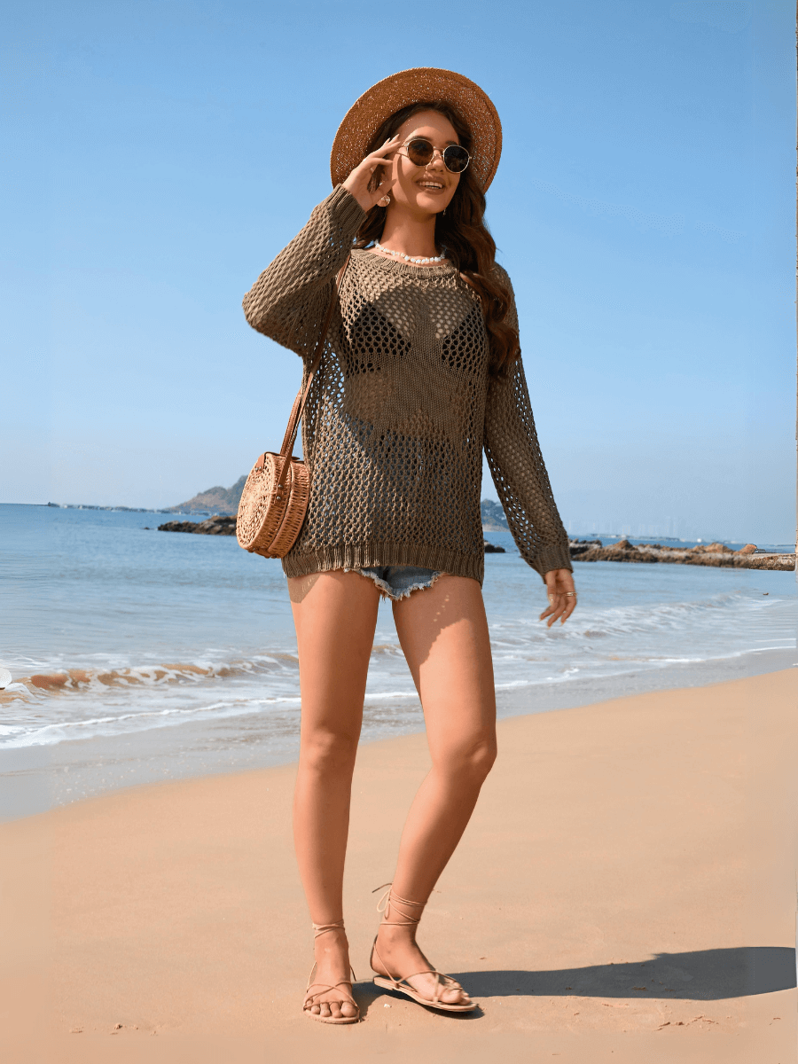 Vacation Star Cover-up Crochet Knit Sweater - Olive