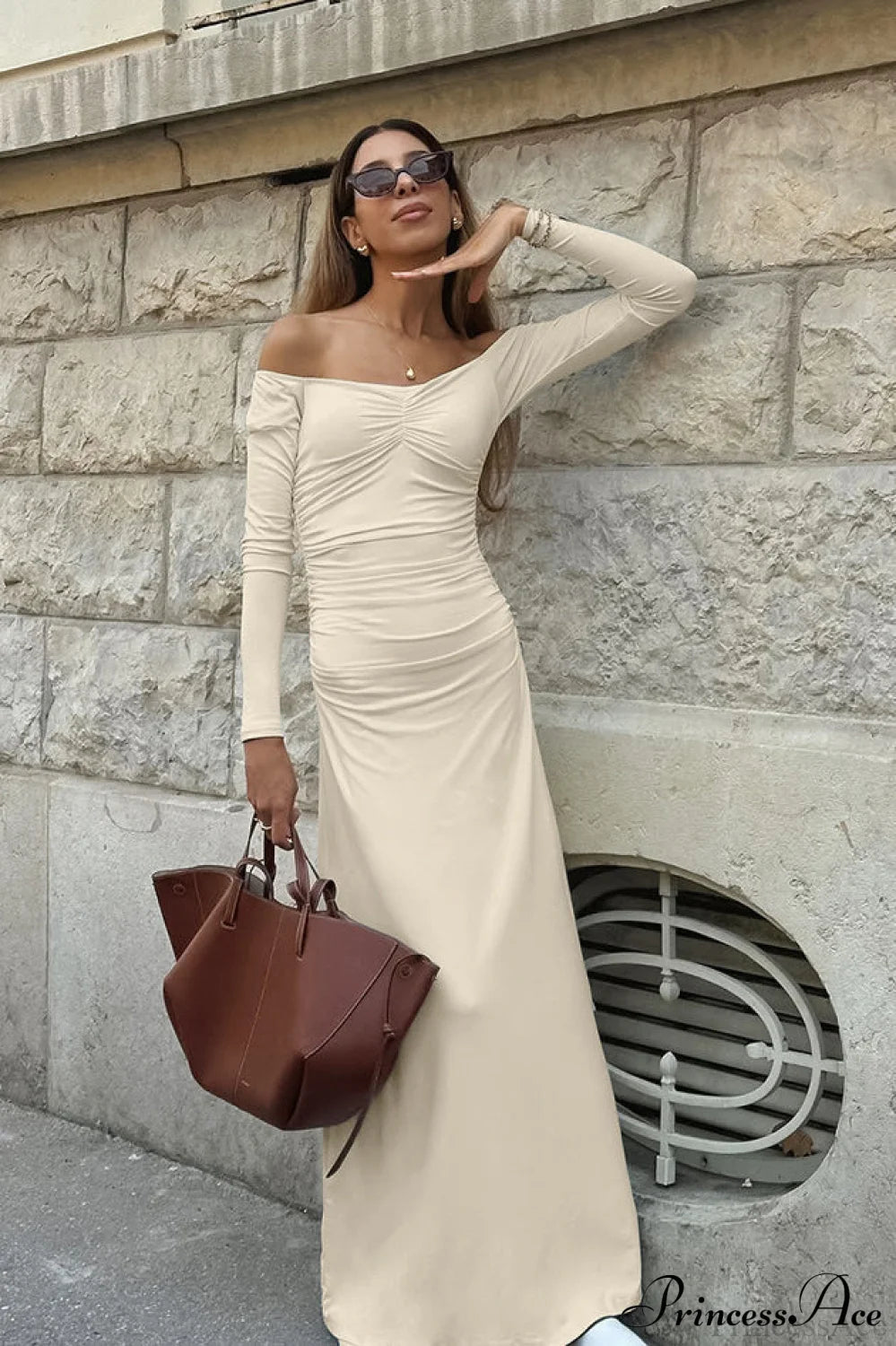 Open Back Ruched Long Sleeve Off Shoulder Maxi Dress