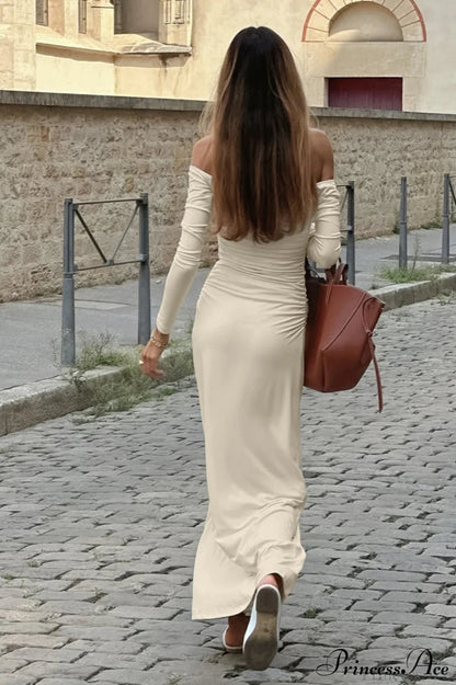 Open Back Ruched Long Sleeve Off Shoulder Maxi Dress