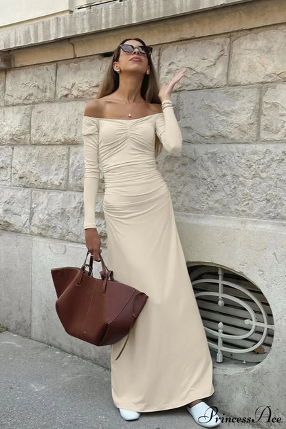 Open Back Ruched Long Sleeve Off Shoulder Maxi Dress