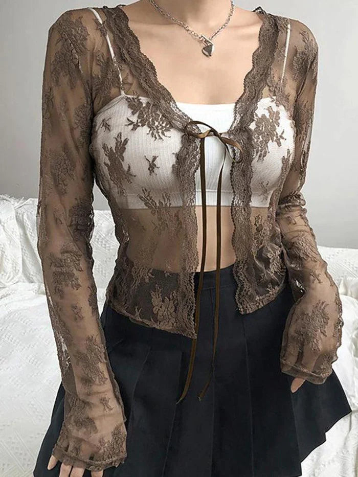 Y2k Open Front Lace Long Sleeve Crop Blouse